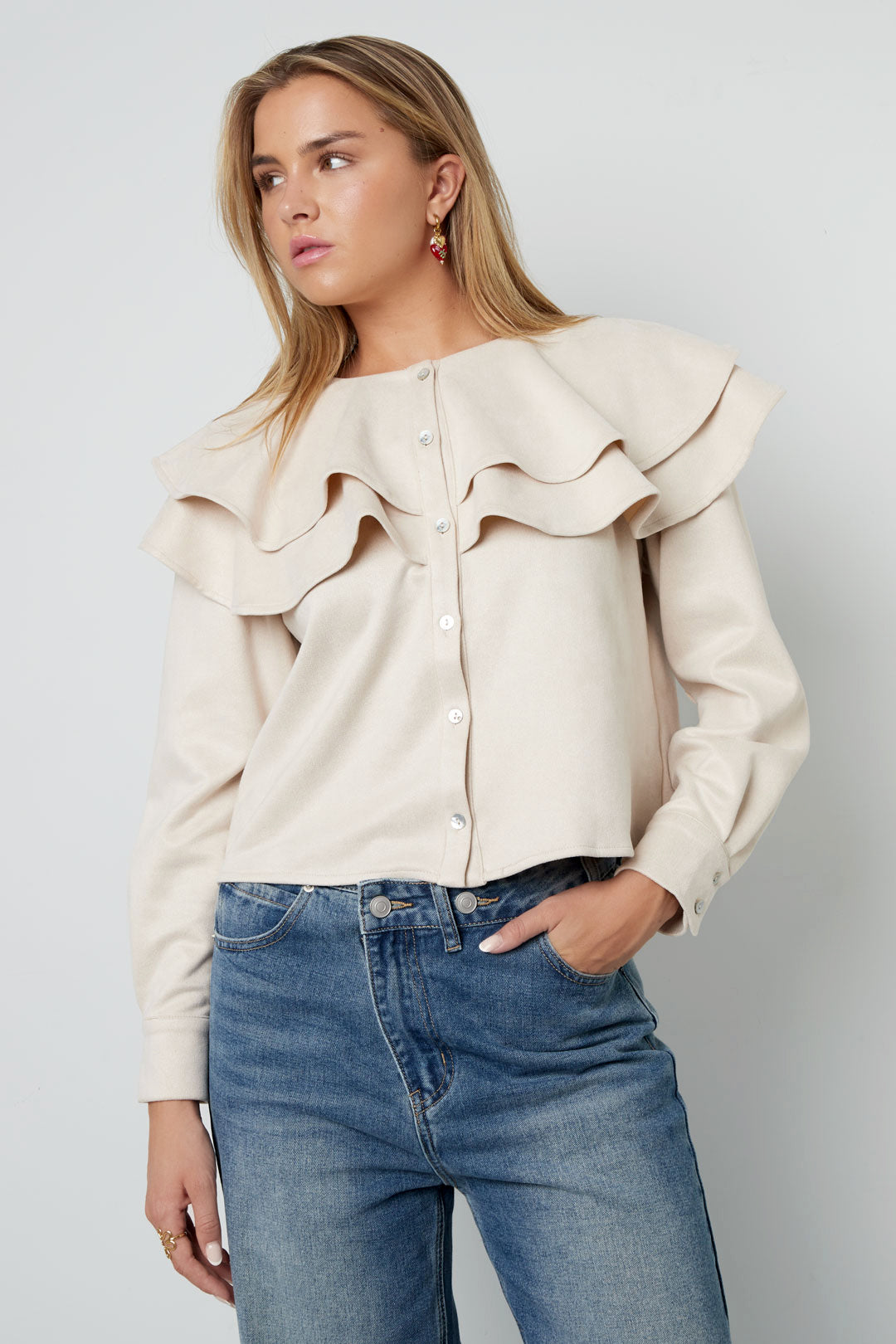 Woven Polyester Fiber Women's Blouse Elegant Ruffle Trim